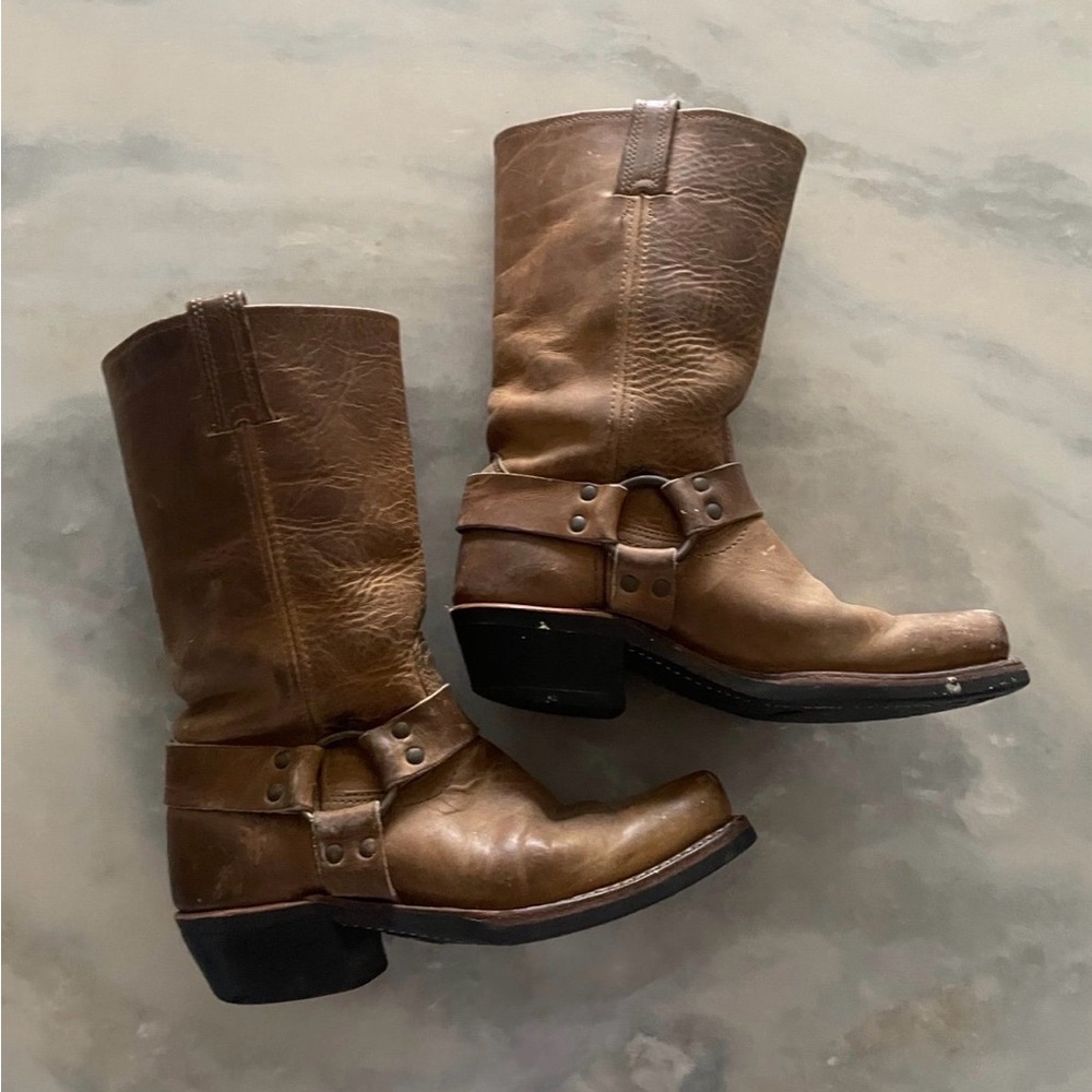 Frye Full Grain Leather Harness Square Toe Biker Moto Boots Woman’s Size 7.5
